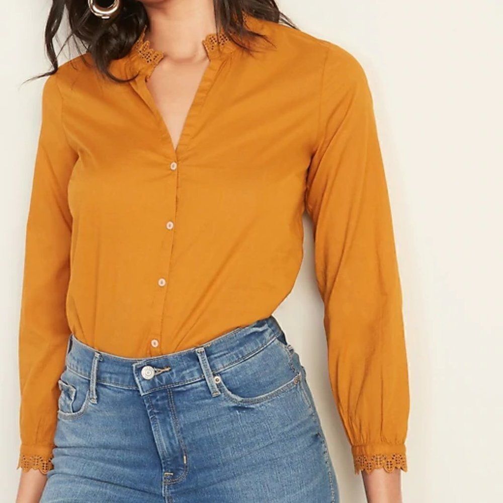 Old Navy Lace Trim Split Neck Shirt Blouse